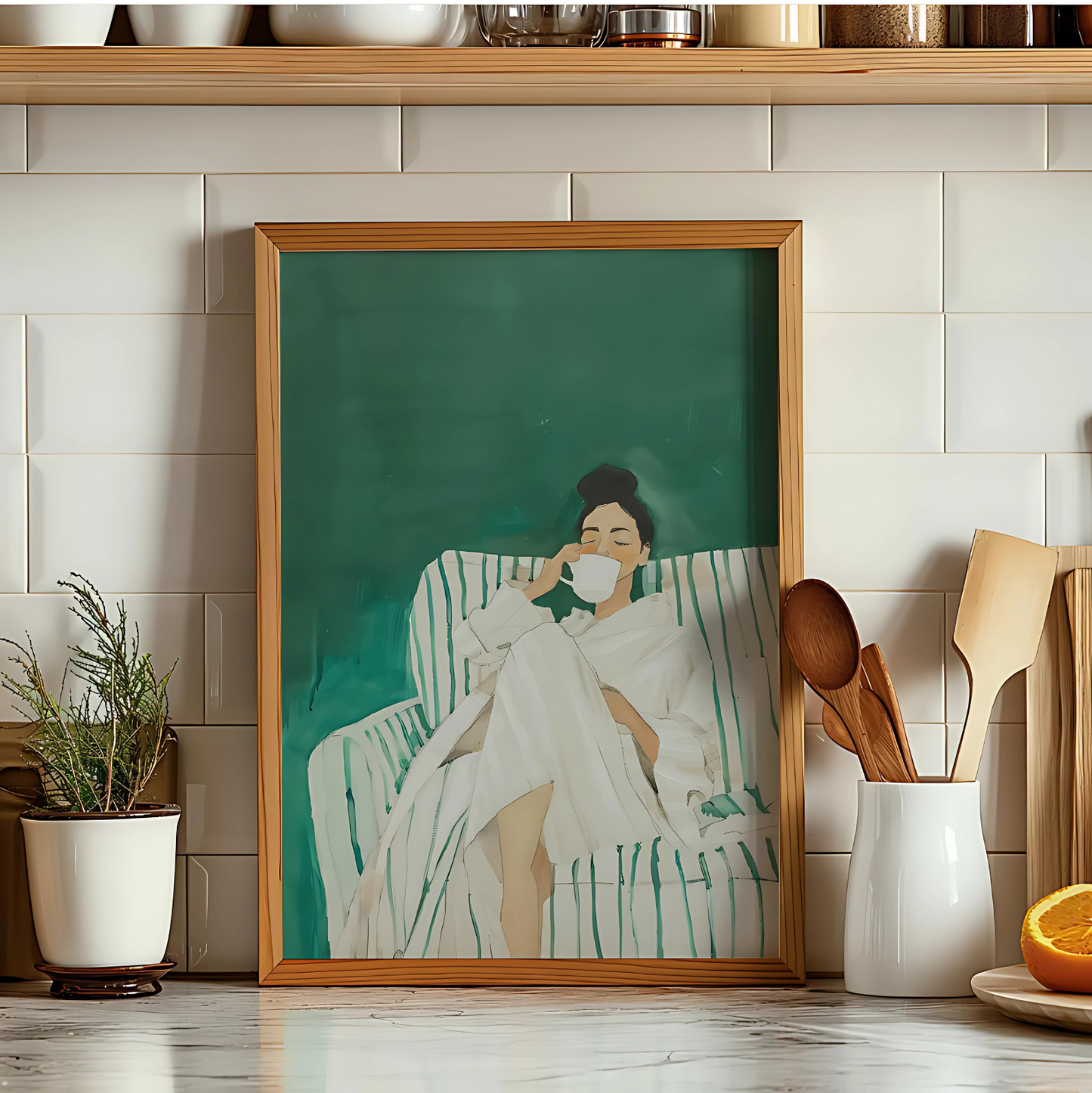 Cuadro Decorativo Ilustración Mujer Recostada Tomando Café