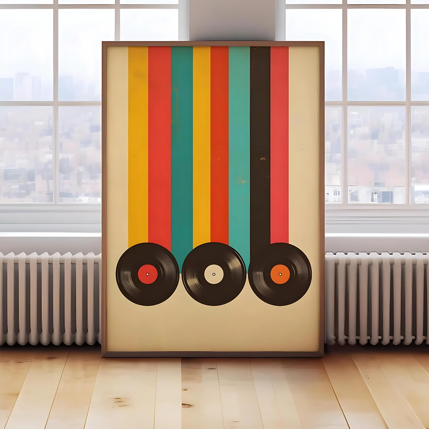 Cuadro Decorativo Musical Tres Vinilos Fondo A Rayas Color