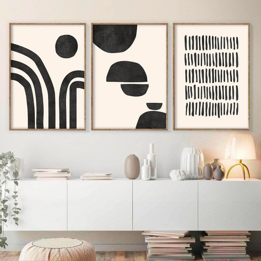Set x3 Cuadros Abstractos, Arte beige y negro moderno de mediados de siglo