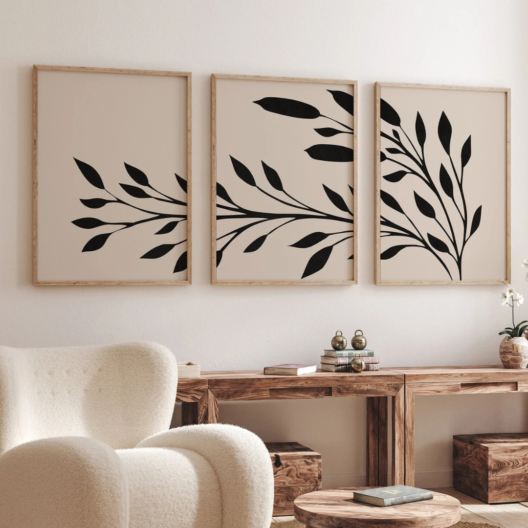 Set x3 Cuadros mural con hojas botánicas en negro, estampado bohemio otoñal