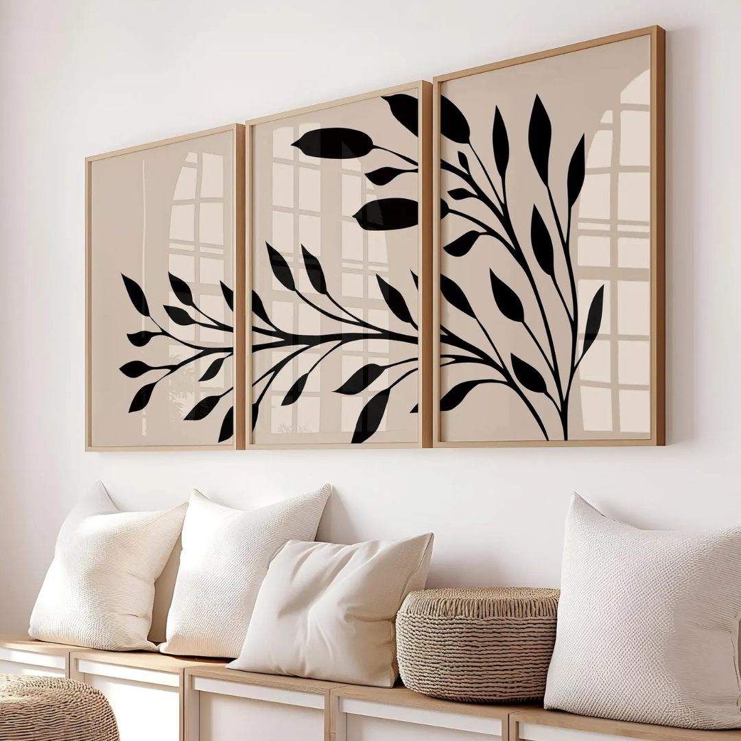 Set x3 Cuadros mural con hojas botánicas en negro, estampado bohemio otoñal