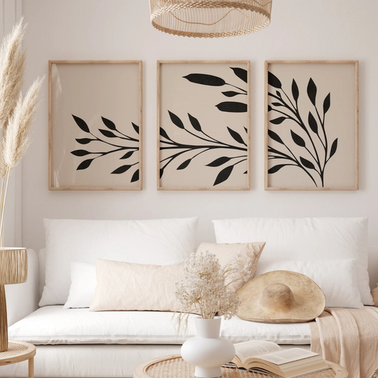 Set x3 Cuadros mural con hojas botánicas en negro, estampado bohemio otoñal