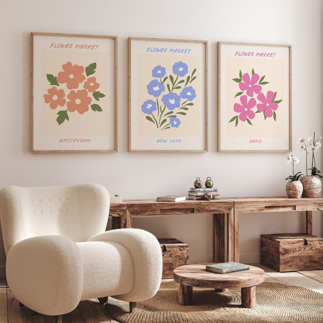 Set x3 Cuadros flores de la ciudad, póster artístico de Ámsterdam