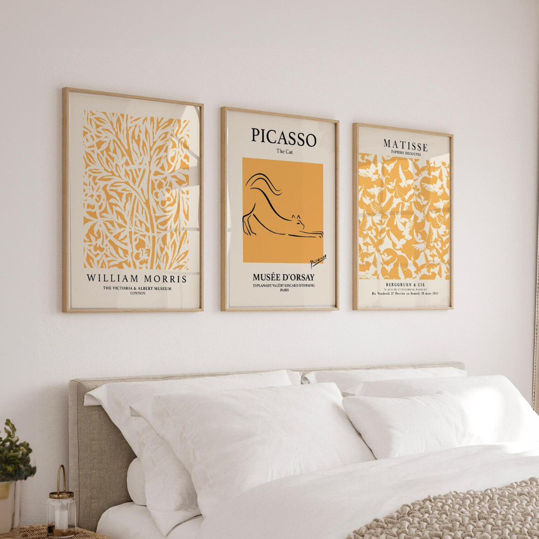 Set x3 Cuadros Arte de pared en amarillo, arte Bauhaus