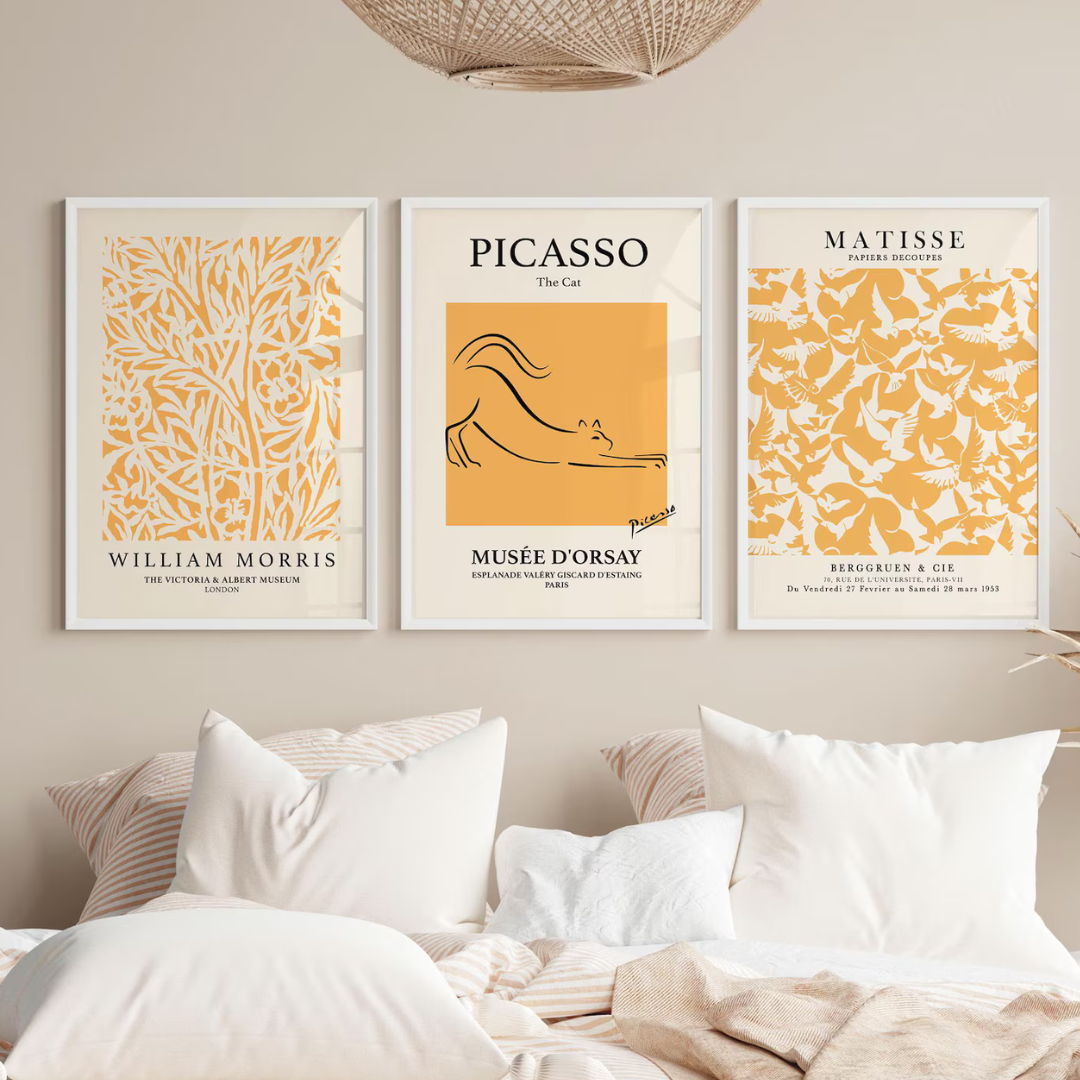 Set x3 Cuadros Arte de pared en amarillo, arte Bauhaus
