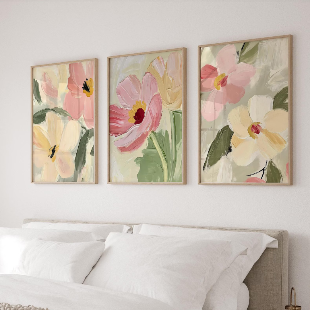 Set x3 Cuadros pintura de flores silvestres en tonos pastel