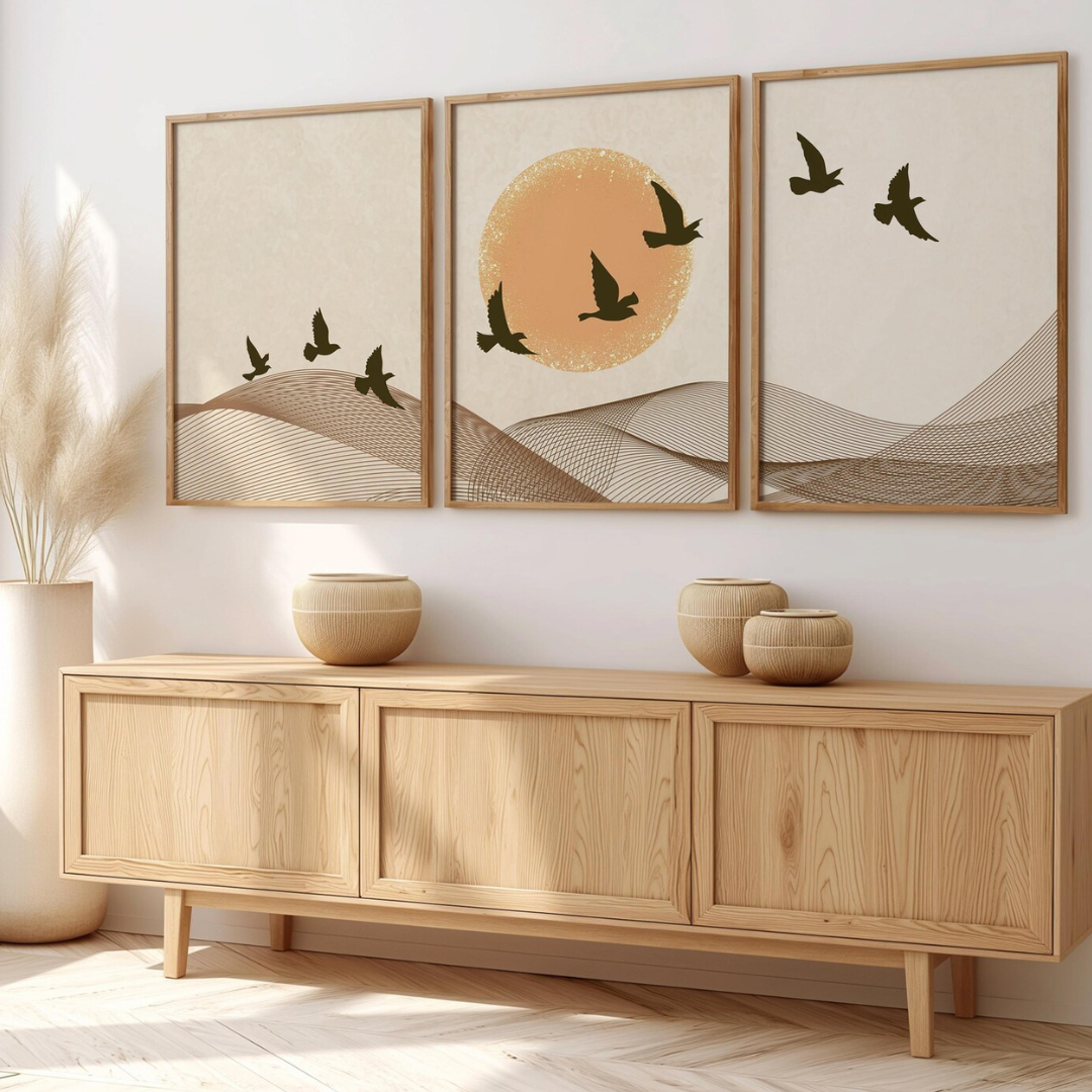 Set x3 Cuadros Abstracto beige, conjunto de pared minimalista de estilo japandi