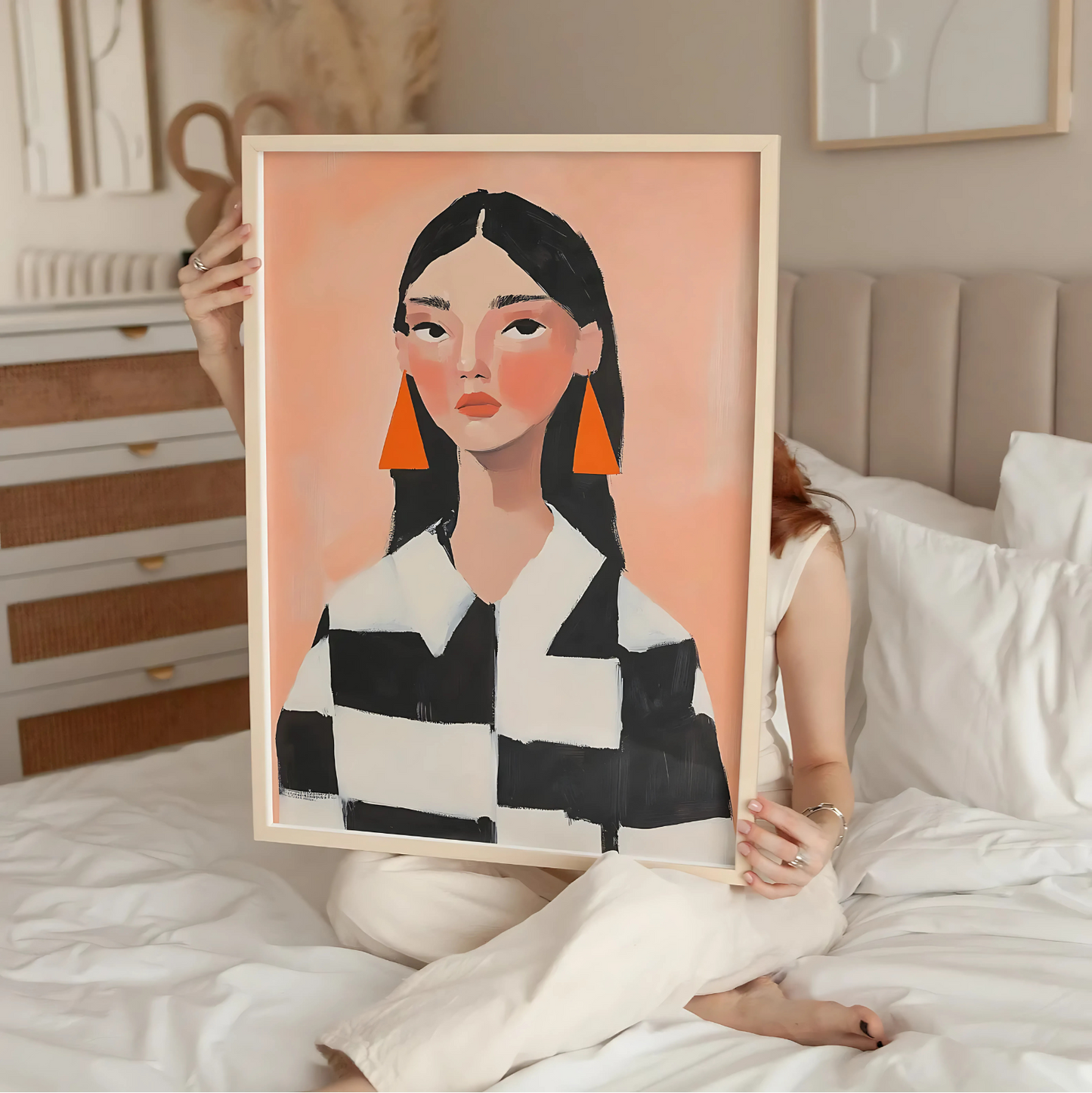 Cuadro Decorativo Ilustración Mujer Aros Naranja