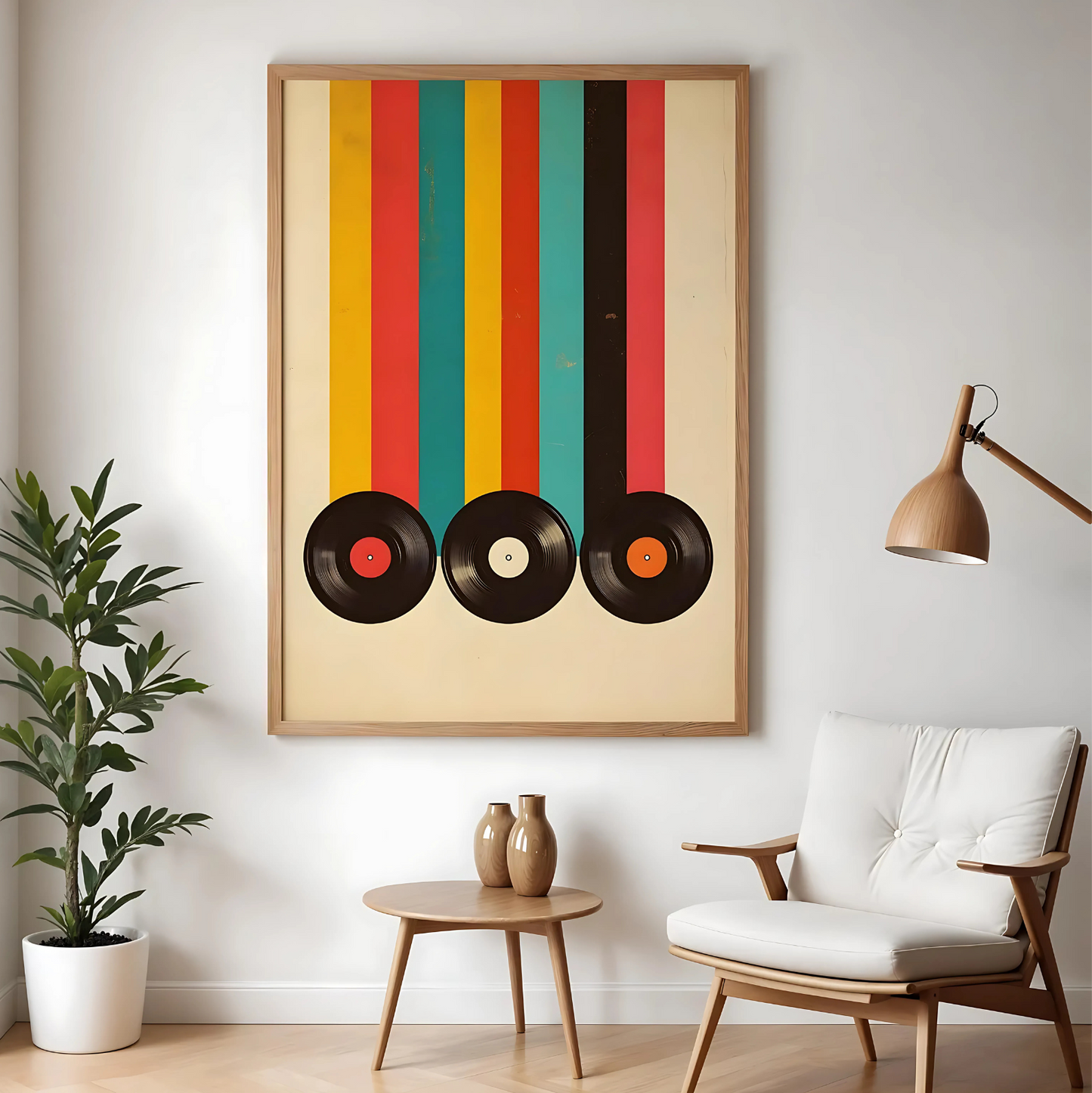 Cuadro Decorativo Musical Tres Vinilos Fondo A Rayas Color