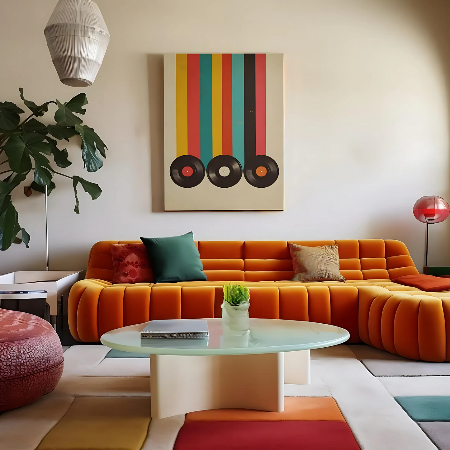 Cuadro Decorativo Musical Tres Vinilos Fondo A Rayas Color