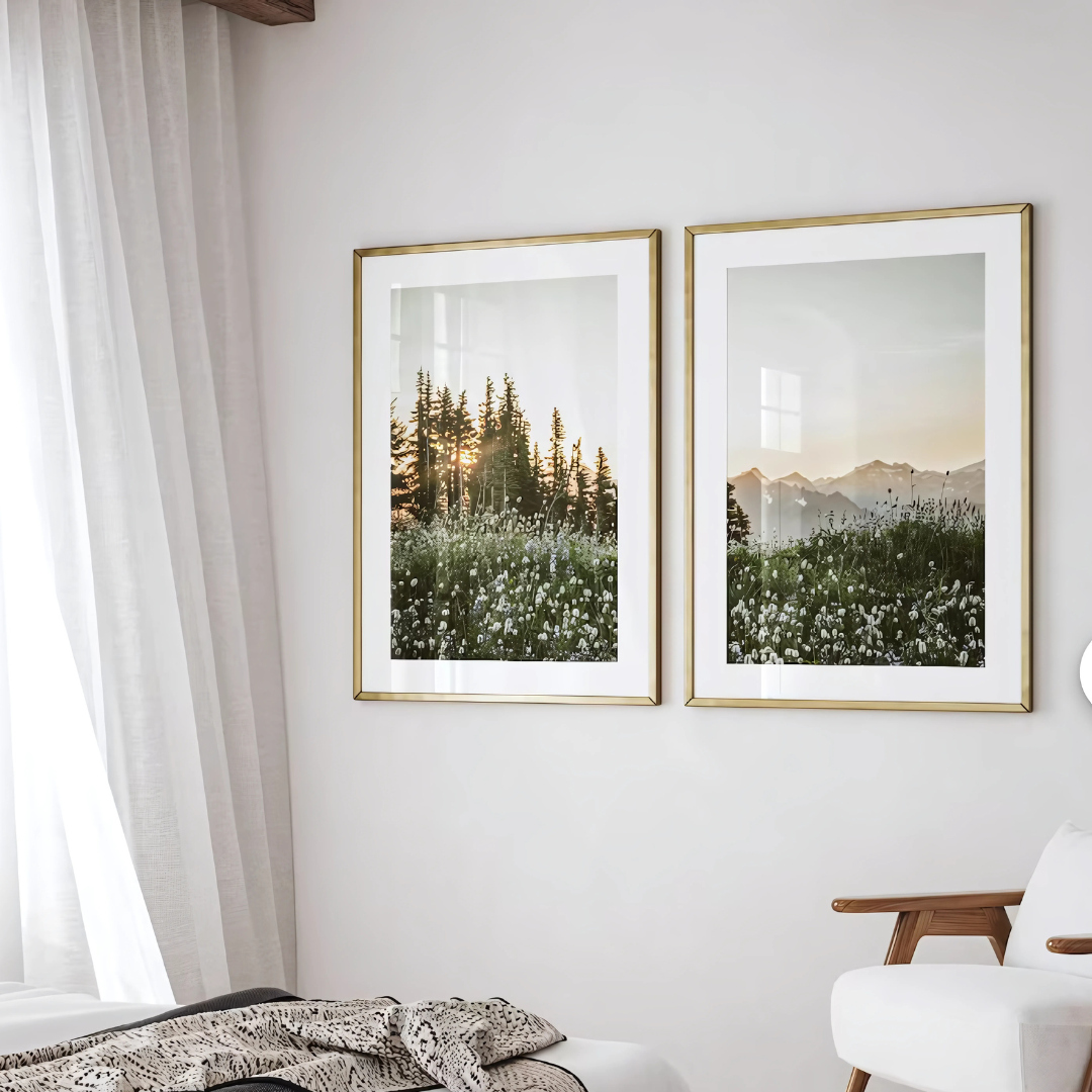 Set x2 Cuadros Decorativos Paisajes Montaña, Pinos Y Pradera Floreada