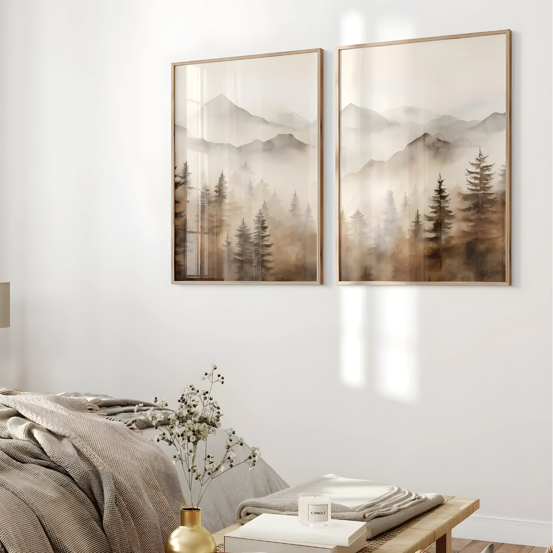 Set x2 Cuadros Decorativos Paisajes Bosque, Pinos Y Montaña Con Neblina