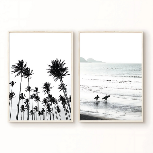 Set x2 Cuadros Decorativos Paisaje Playa, Surfers Y Palmeras