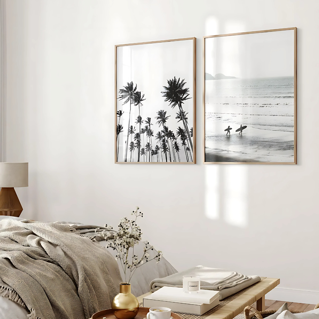 Set x2 Cuadros Decorativos Paisaje Playa, Surfers Y Palmeras