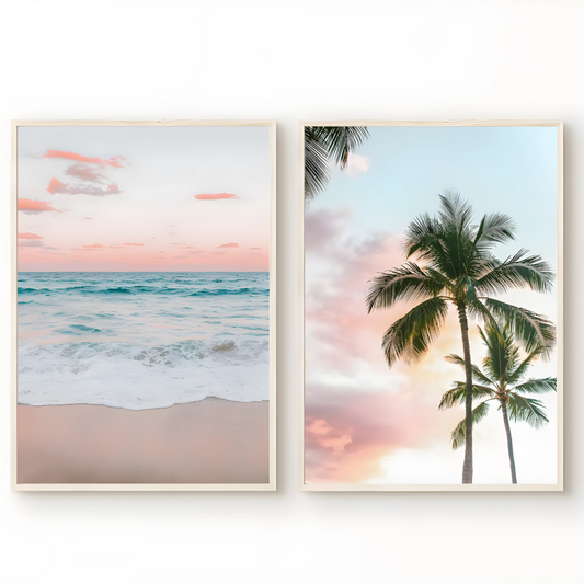 Set x2 Cuadros Decorativos Paisaje Playas Arena Y Palmeras A Color