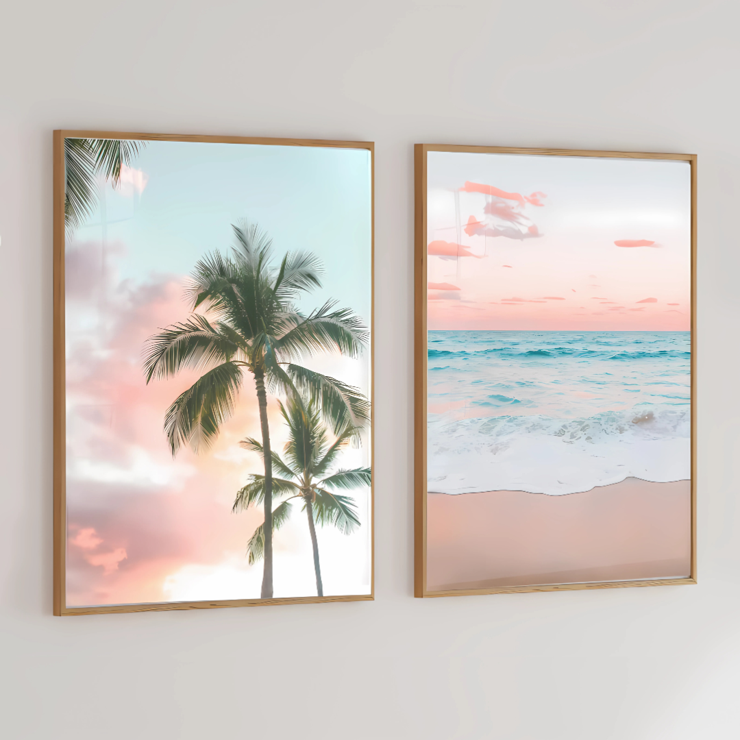Set x2 Cuadros Decorativos Paisaje Playas Arena Y Palmeras A Color