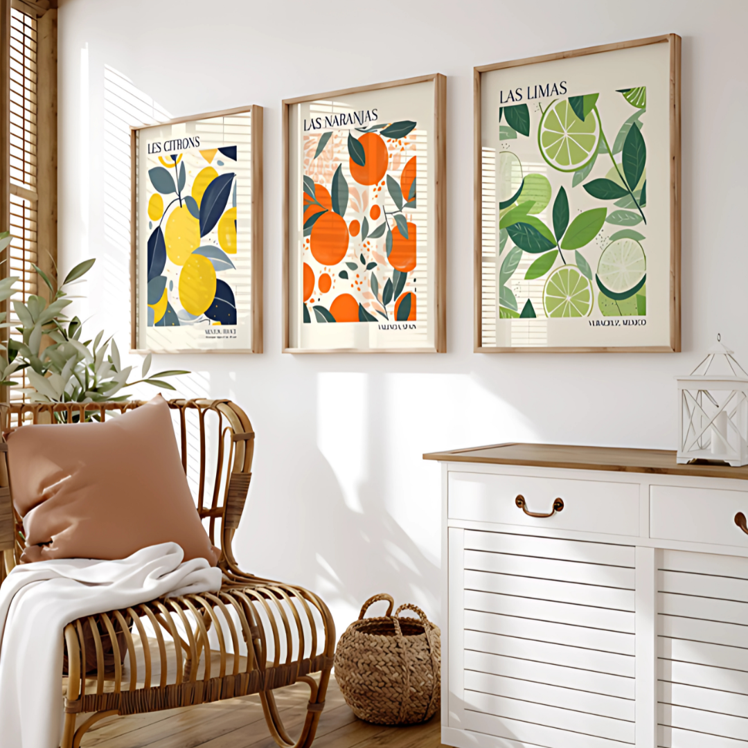Set x3 Cuadros Decorativo Abstracto Cítricos Limón, Naranja Y Lima