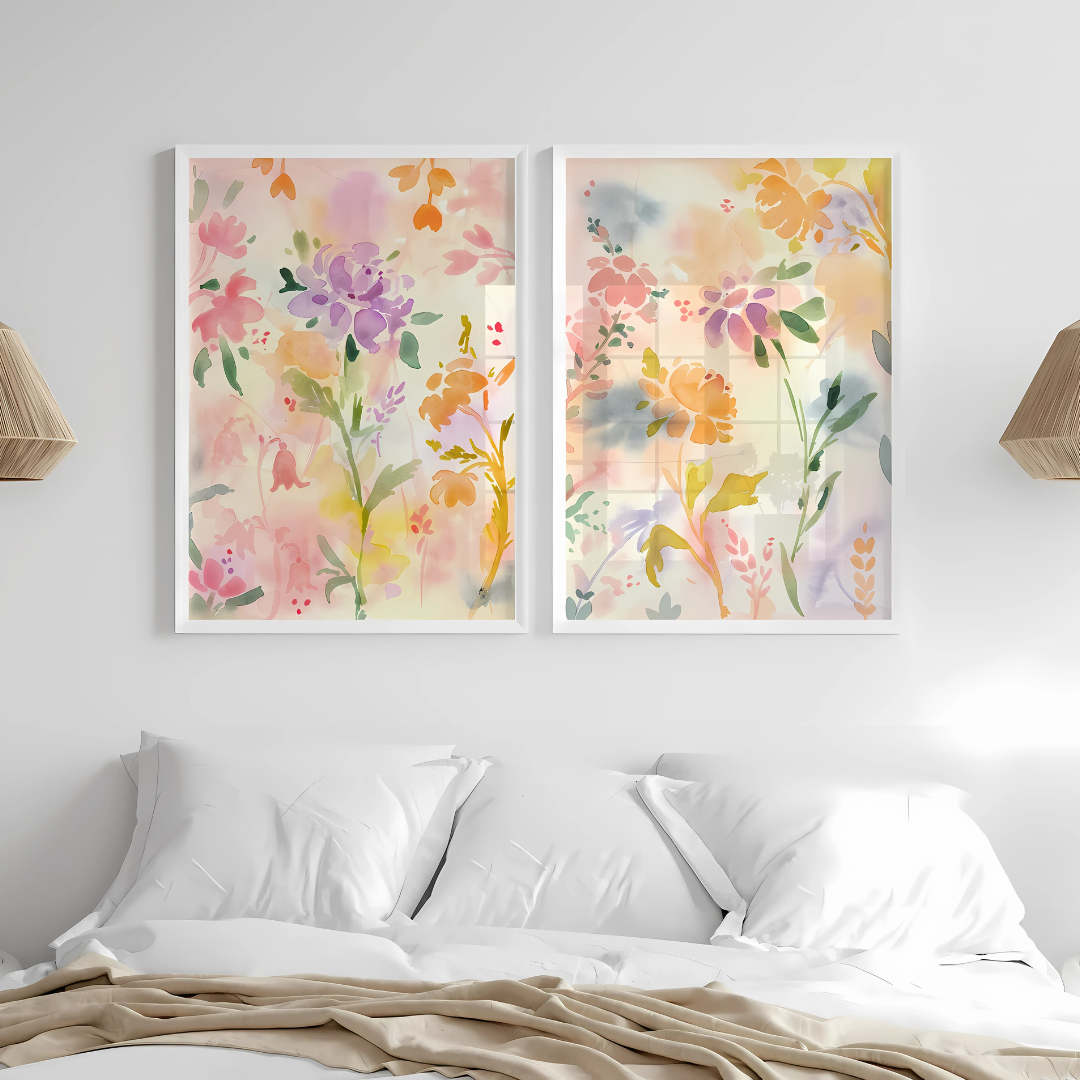 Set x2 Cuadros Diseños Botánico Flores Acuarela