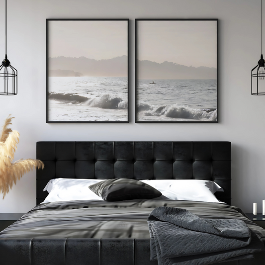 Set x2 Cuadros Decoración Playa Y Olas Rompiendo Botánico Flores Grises