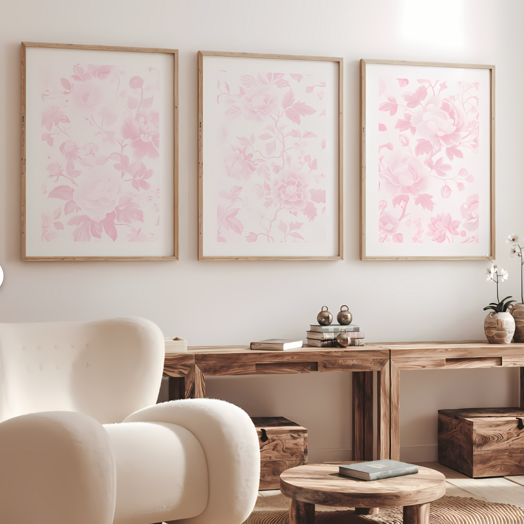Set x3 Cuadros Decorativos Botánicos Flores Rosa Pastel Fondo Blanco