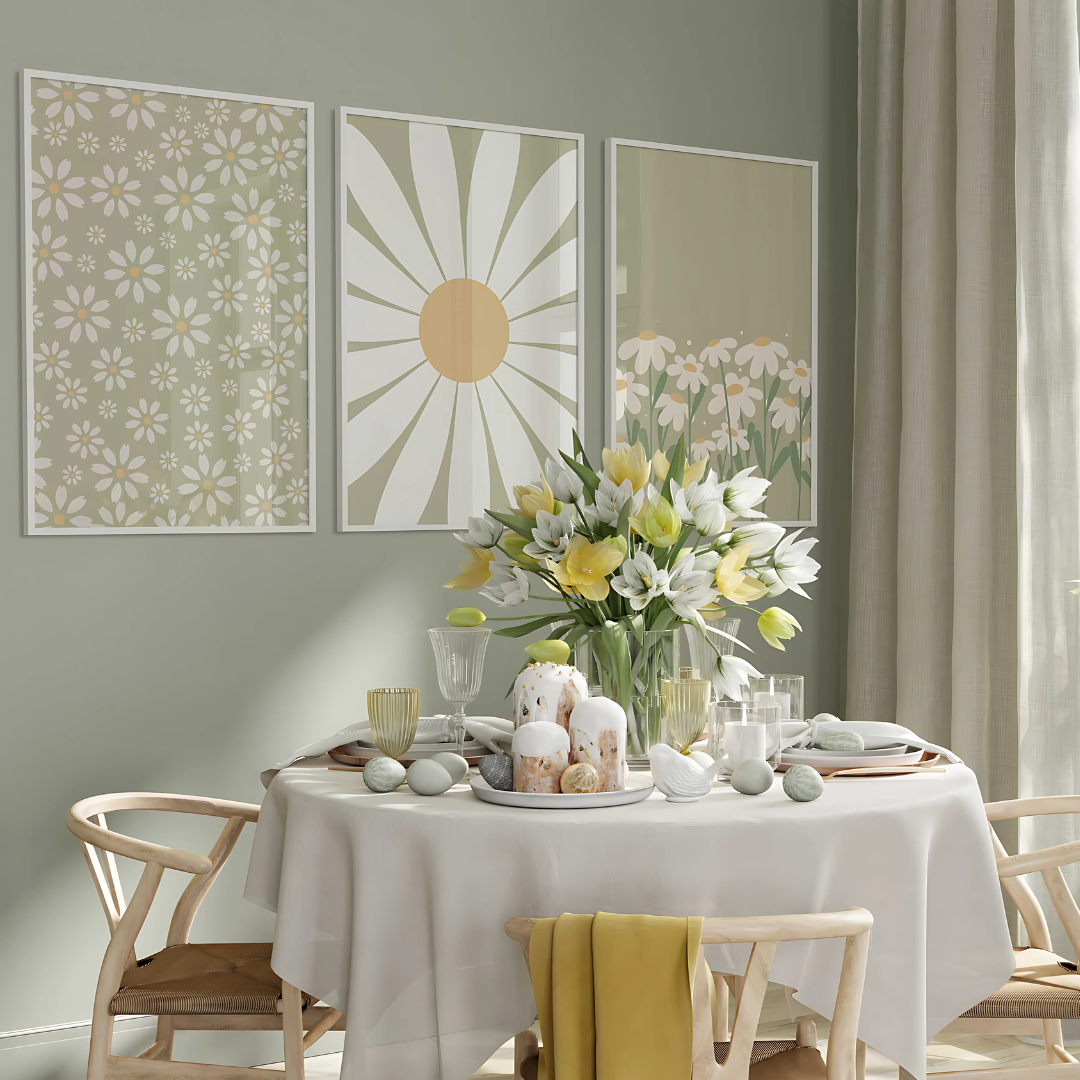 Set x3 Cuadros Decorativos Botánico Margaritas Con Fondo Negro