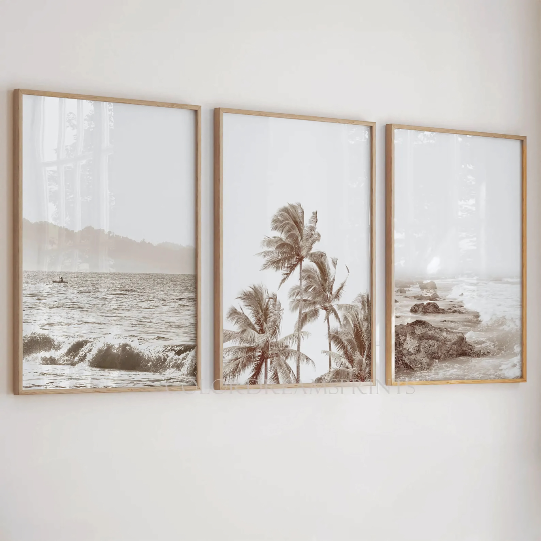 Set x3 Cuadros Decorativos Paisaje Playa, Océano, Piedras Y Palmeras