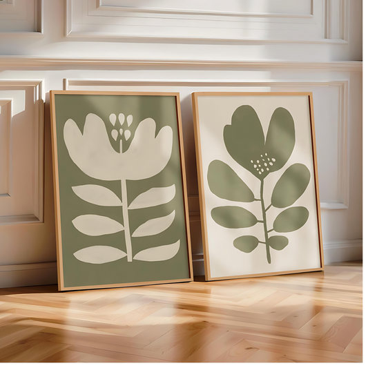 Set x2 Cuadros Decorativos Abstracto Flore Blanca Con Fondo Verde y Alternativo