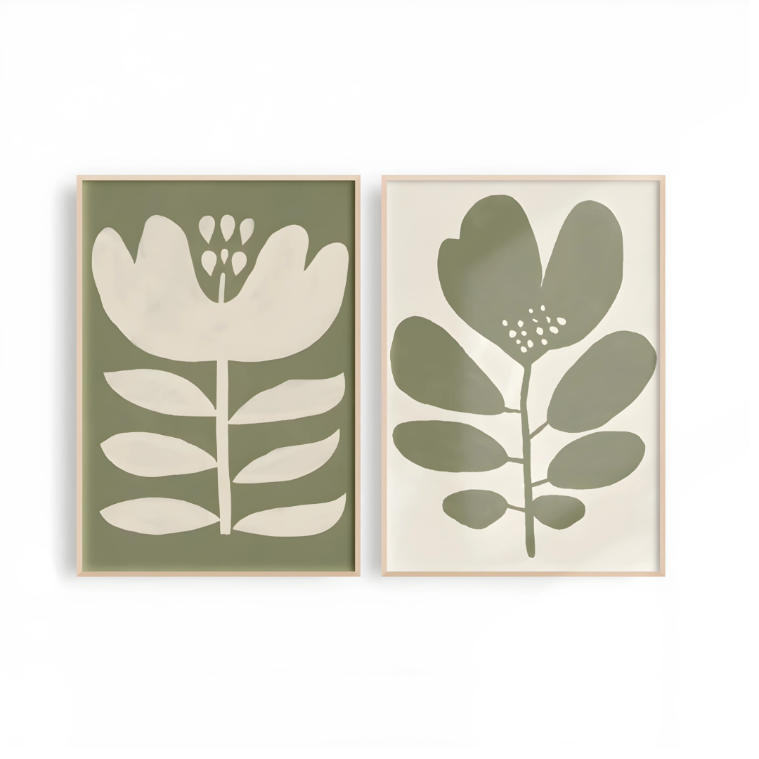 Set x2 Cuadros Decorativos Abstracto Flore Blanca Con Fondo Verde y Alternativo