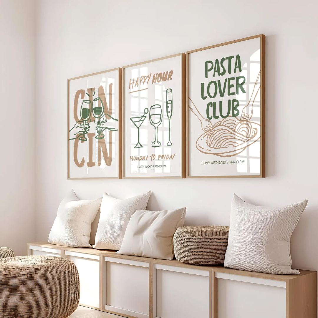 Set x3 Cuadros mural "Cin Cin Cheers", póster retro de cóctel "Happy Hour"