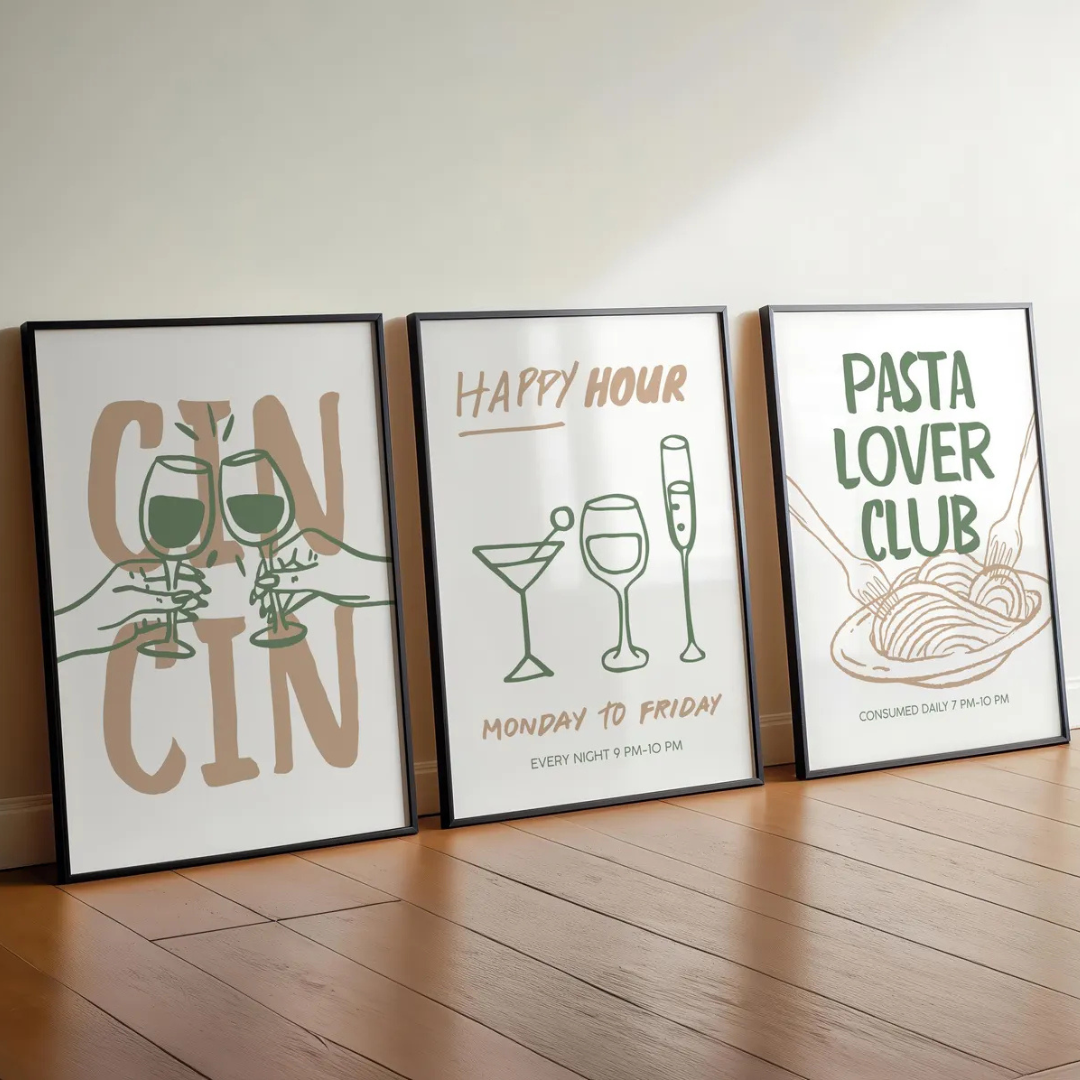 Set x3 Cuadros mural "Cin Cin Cheers", póster retro de cóctel "Happy Hour"