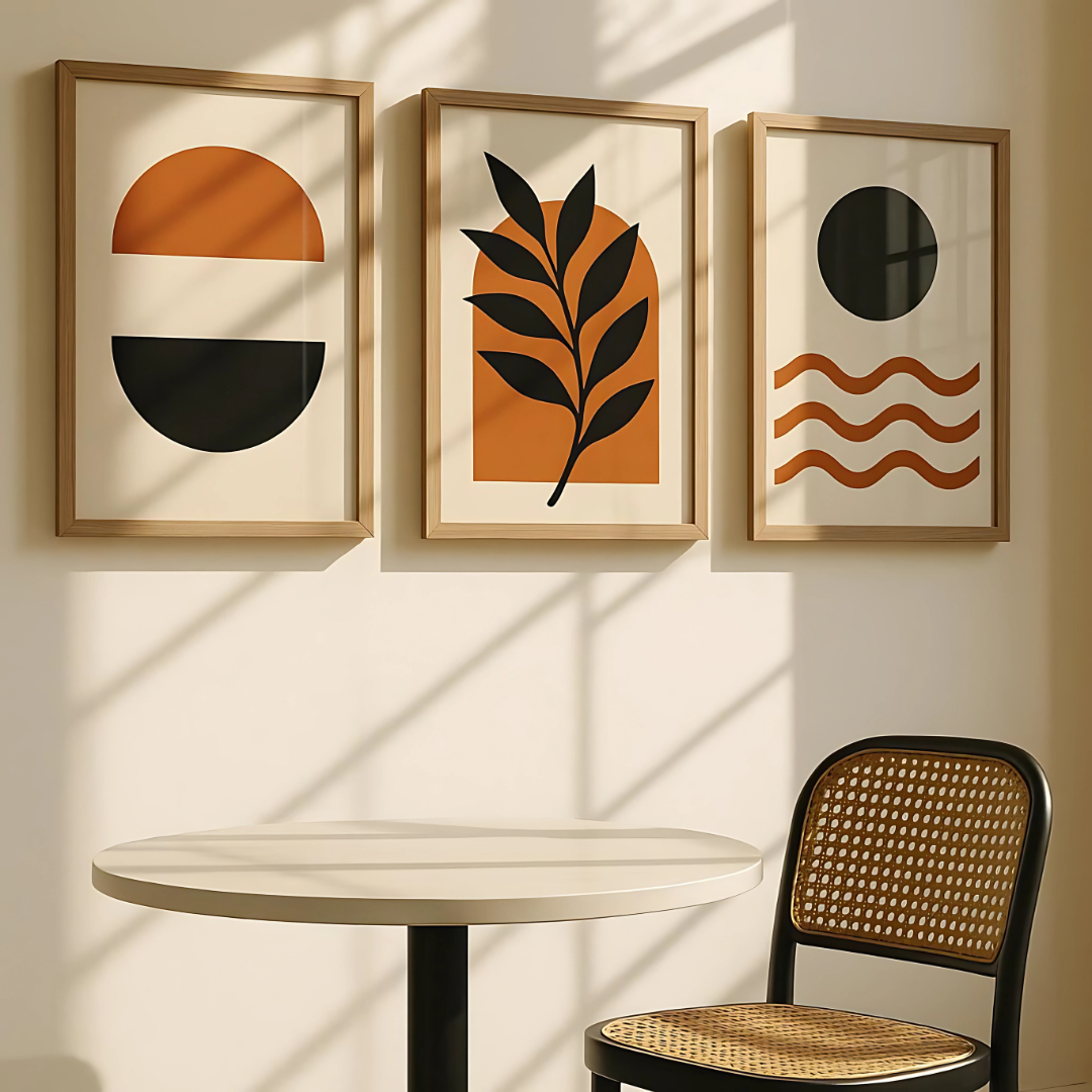 Set x3 Cuadros Decorativos Abstracto Formas Geométricas Y Planta En Colores Naranja Y Verde