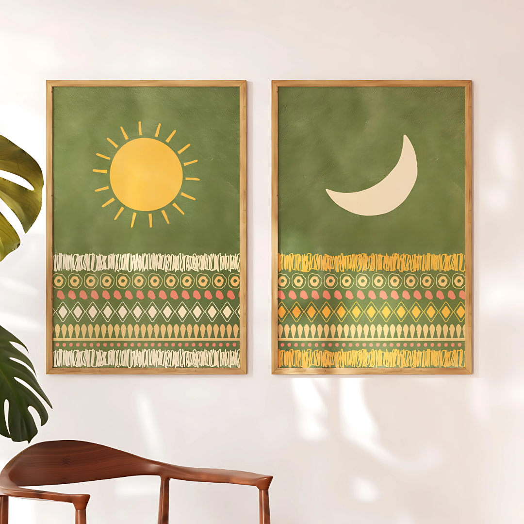 Set X2 cuadros Decorativo-Abstractos Sol Y Luna Fondo Verde