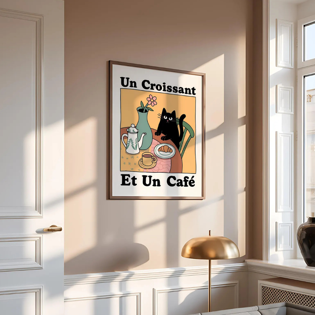 Cuadro Estampado de gato Un Croissant et Un Café