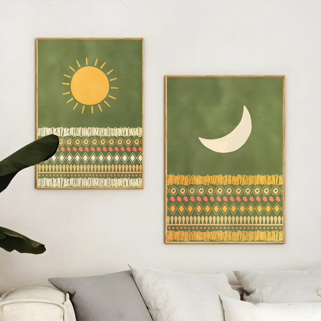 Set X2 cuadros Decorativo-Abstractos Sol Y Luna Fondo Verde