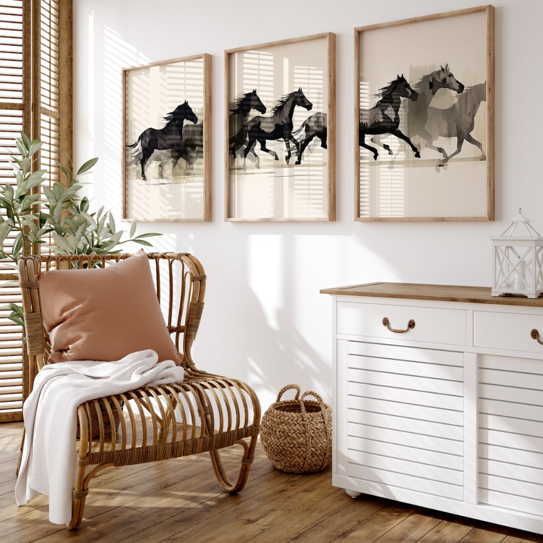 Set x3 Cuadros Decorativos arte mural con caballos corriendo