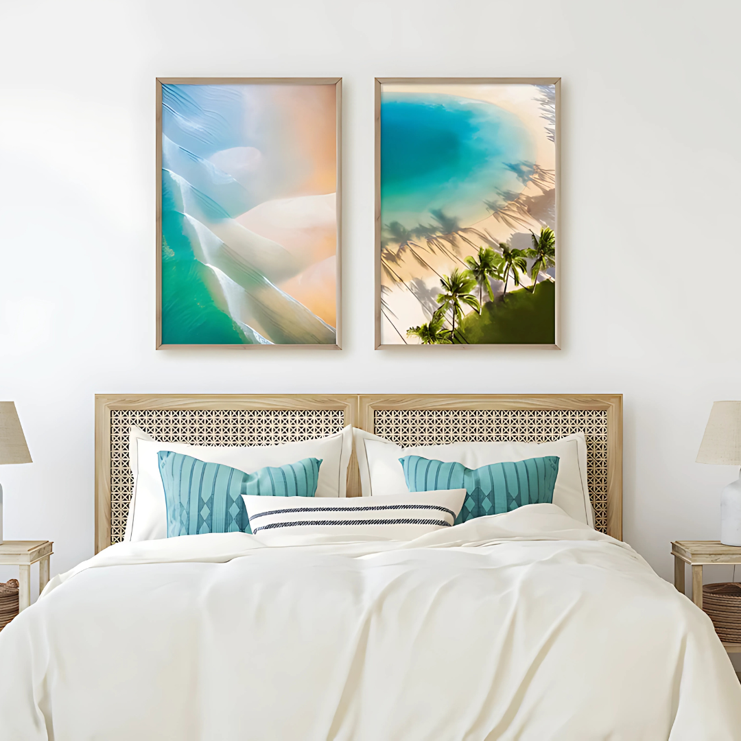 Set x 2 Cuadros Decorativos Playas Celestes Arena y Palmeras
