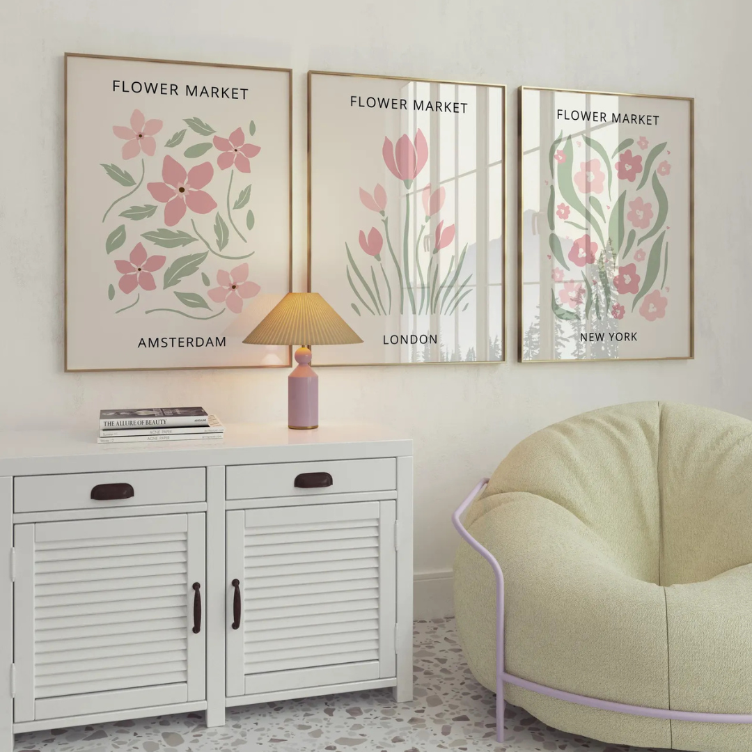 Set x3 Cuadros Mural floral en rosa ruborizado