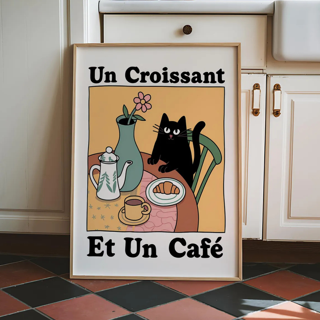 Cuadro Estampado de gato Un Croissant et Un Café