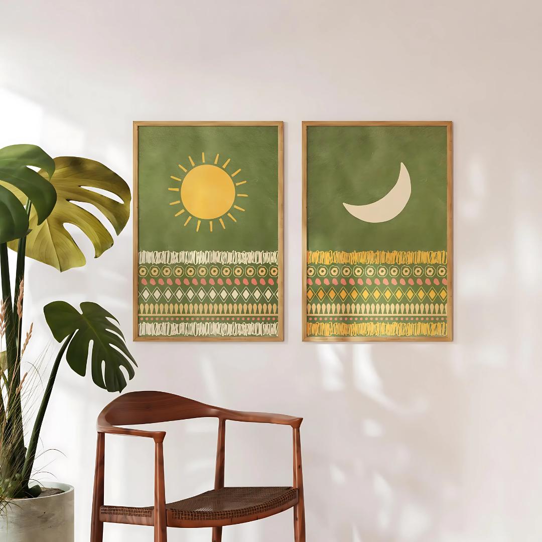 Set x2 Cuadros Decorativos Abstracto Sol y Luna Montaña Marron