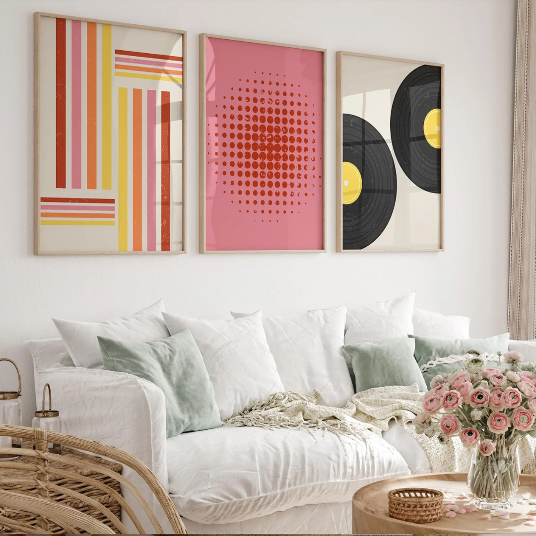 Set x3 Cuadros Decorativos música disco retro, juego de pósteres minimalistas con discos musicales