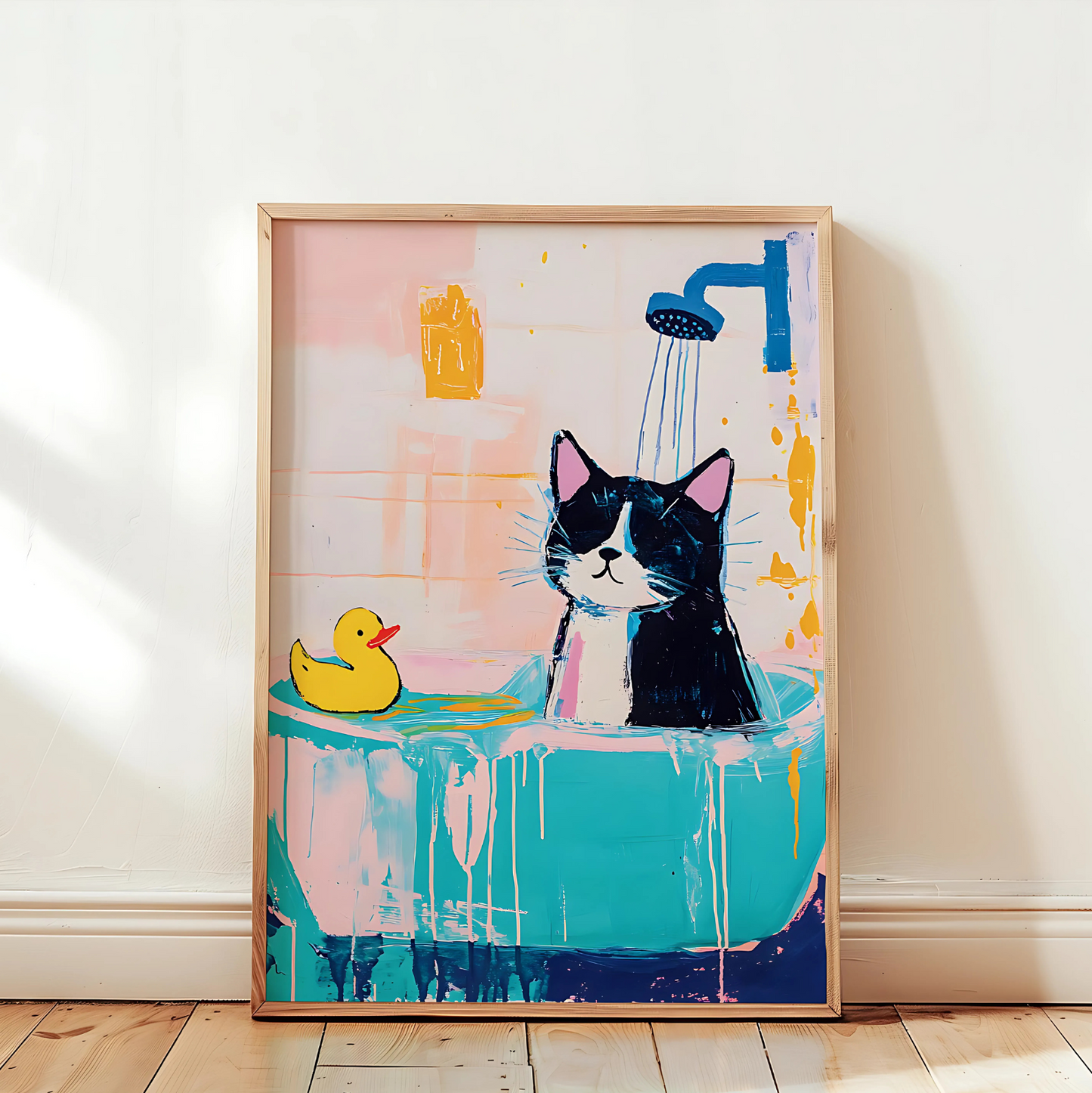 Cuadro Decorativo Gato Negro Baño Patito Amarillo
