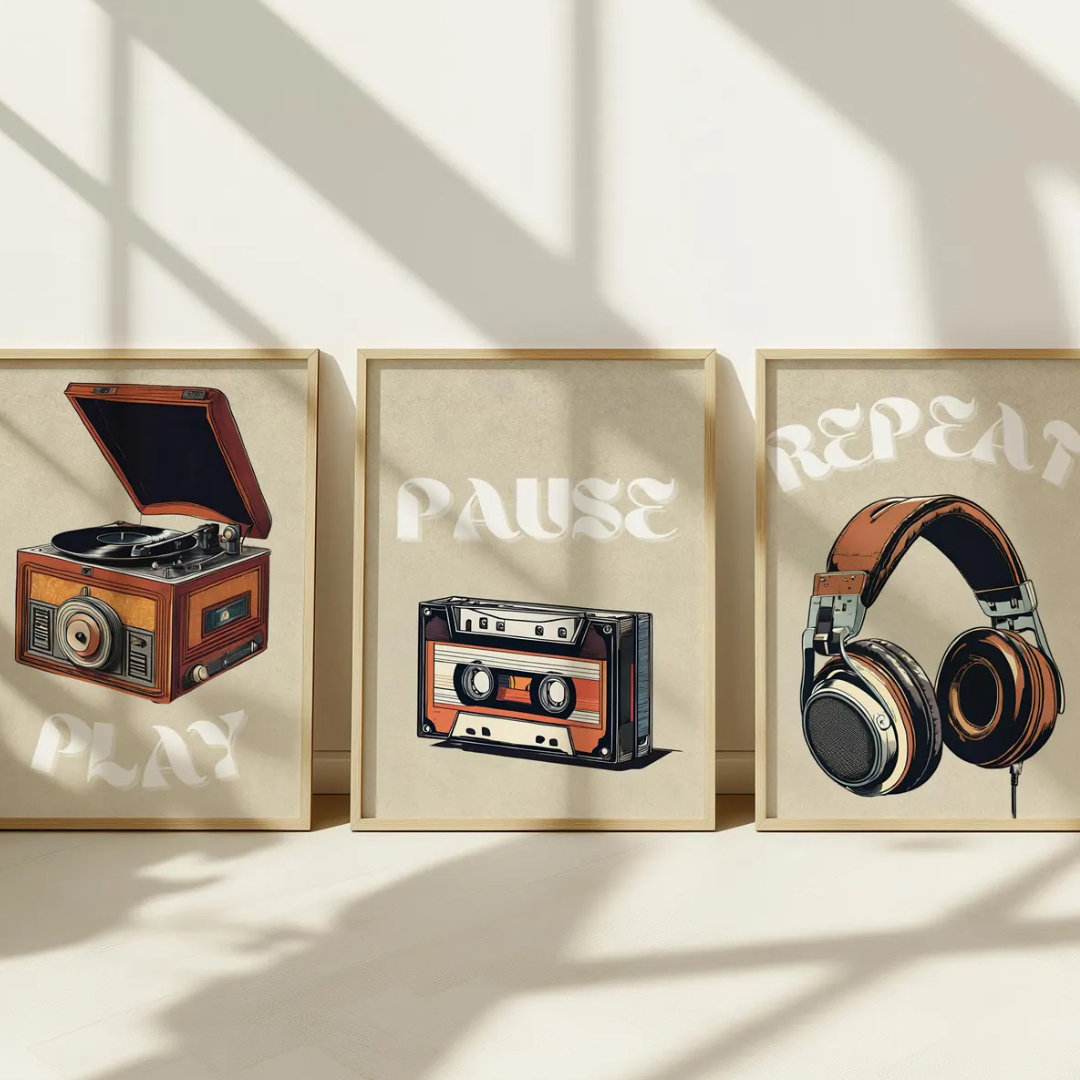 Set x3 Cuadros Decorativos tocadiscos, casete y auriculares