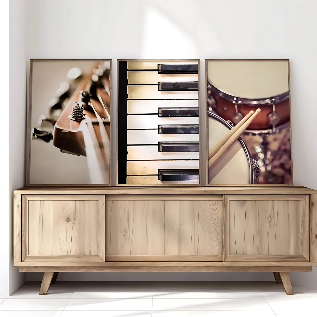Set x3 Cuadros Decorativos Musical Fotos Realistas Guitarra, Piano Y Batería