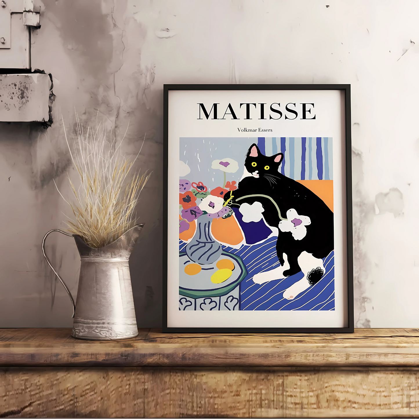 Cuadro Decorativo Gato Negro Y Blanco Acostado Matisse