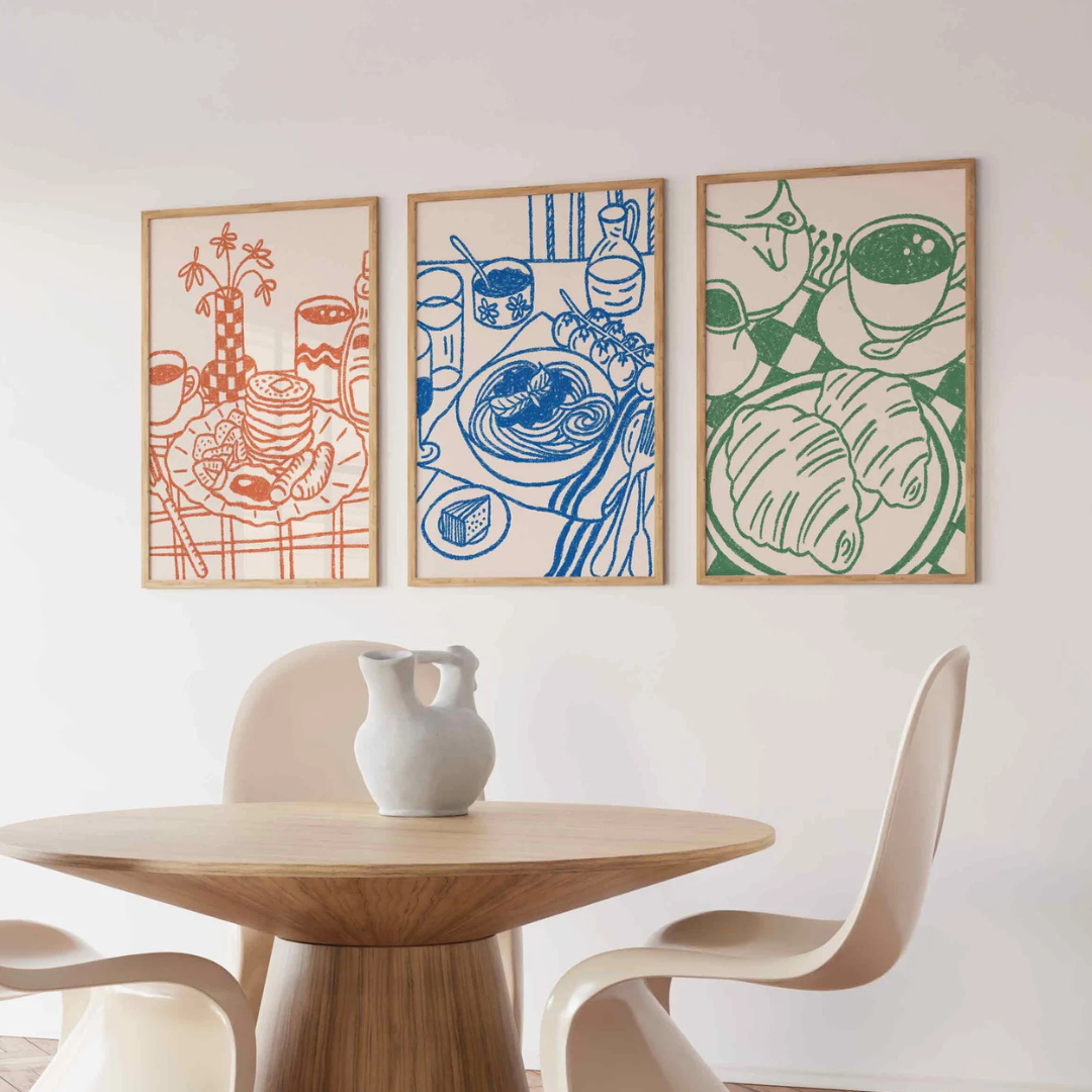 Set x3 Cuadros Decorativos Desayuno Café Dibujo
