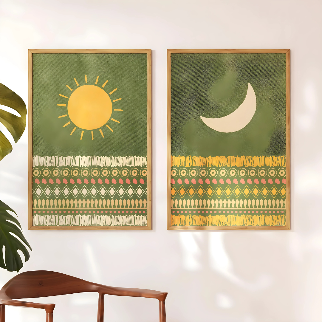 Set x2 Cuadros Decorativos Abstracto Sol y Luna Montaña Marron