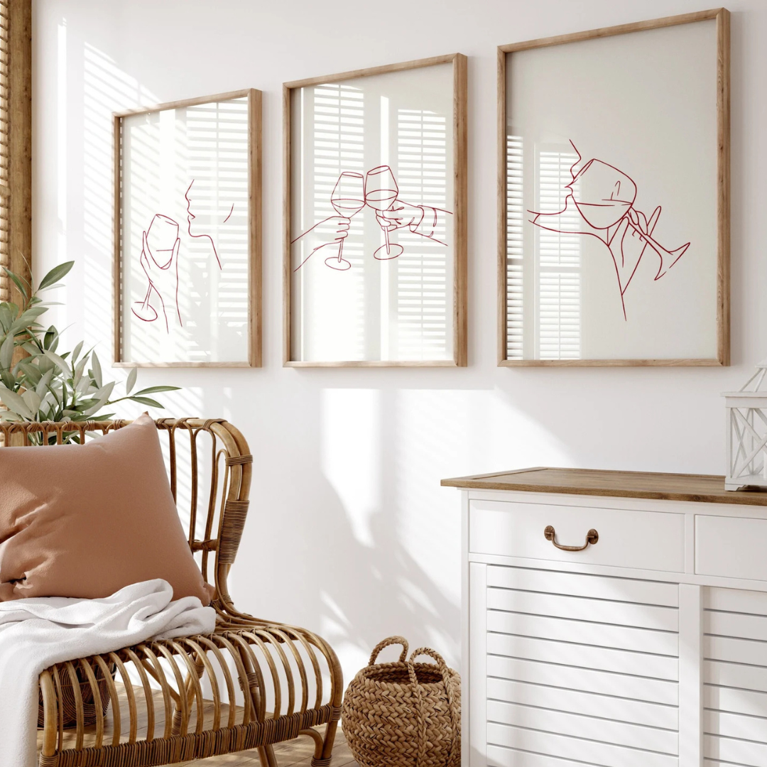 Set x3 Cuadros Decorativos, vino con arte lineal