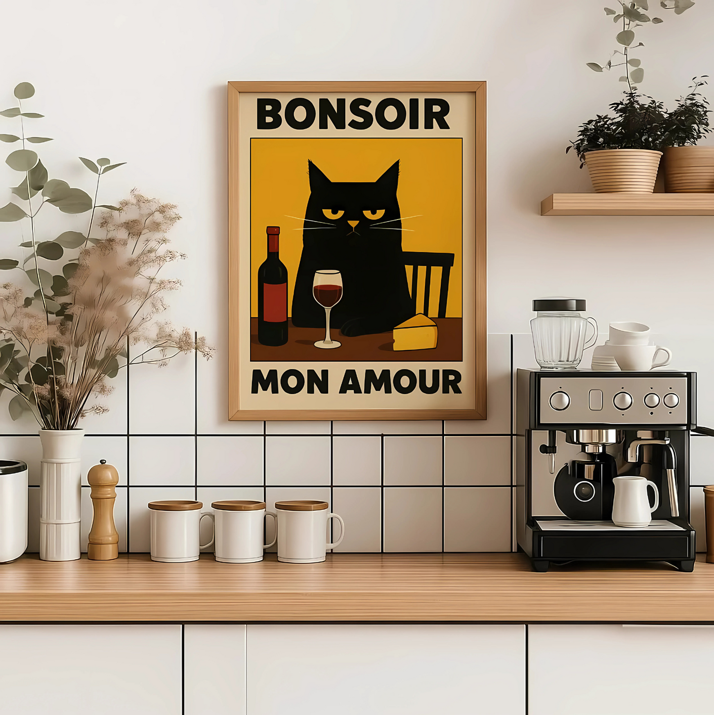 Cuadro Decorativo Gato Negro Vino Y Queso Bonsoir Mon Amour