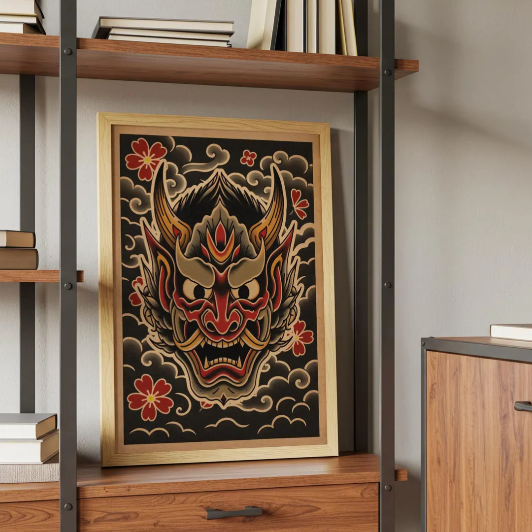 Cuadro Decorativo Tatuaje de máscara de oni, arte mural de demonio japonés