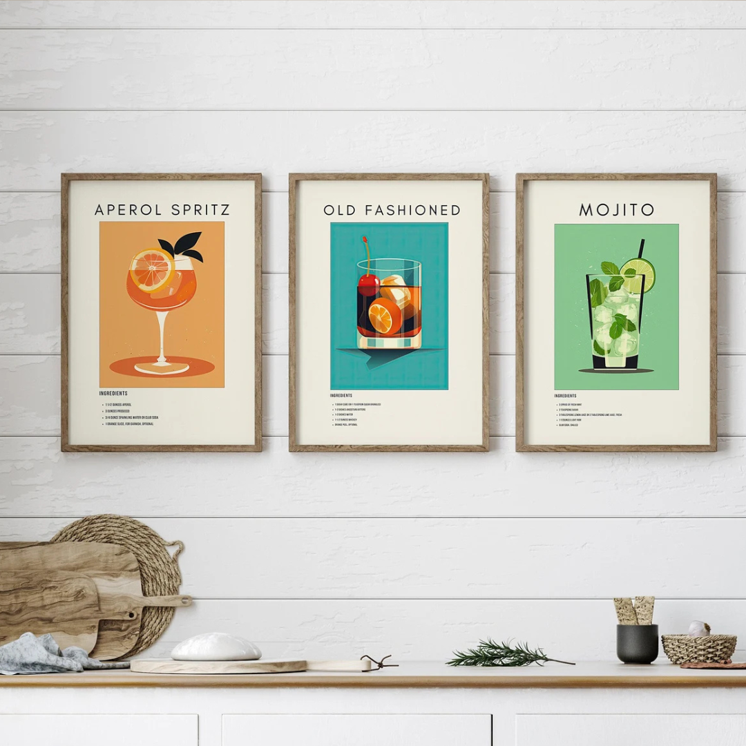 Set x3 Cuadros cócteles, Aperol Spritz, Old Fashioned, Mojito Arte digital retro